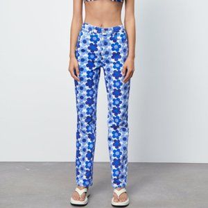 New Zara Blue Floral Print Straight Leg Jeans
